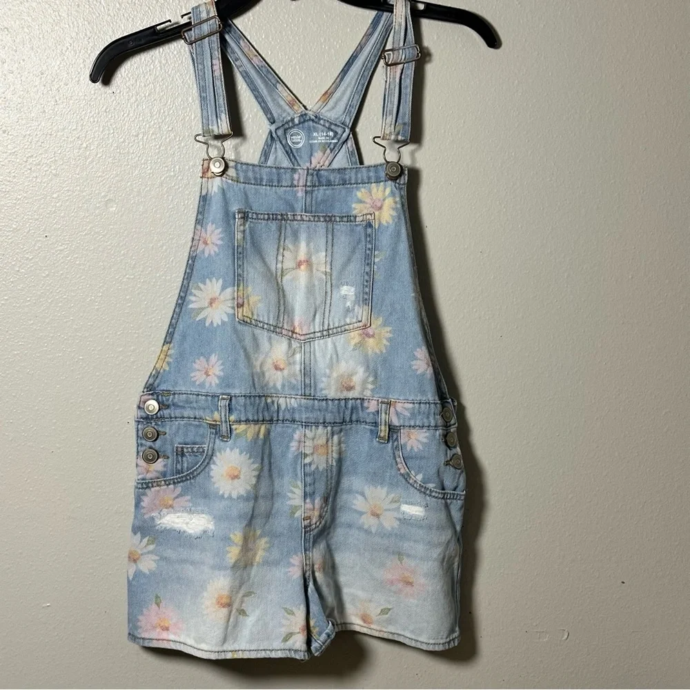 Wonder Nation Girl Kids Floral Denim Overalls Talls Shorts size‎ XL(14/16)